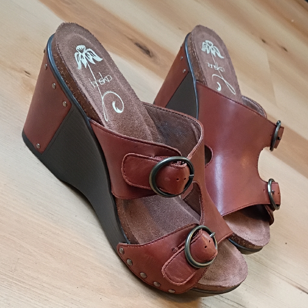 Dansko Brown Leather Wedge Sandals with Buckles